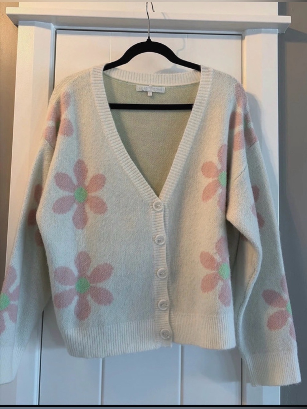 Cream Floral V-Neck Button Cardigan with Pastel Pink Flowers
